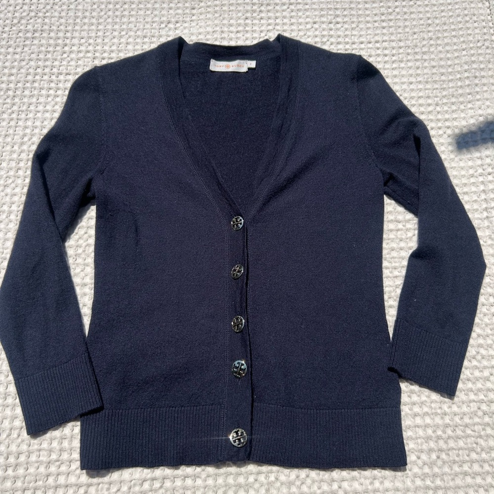 Tory Burch Navy Button-Up Cardigan. 100% merino wool. Size small.